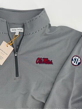 SIP EMBROIDERED SLEEVE! Peter Millar Ole Miss Perth Iron/White 1/4-Zip!  L - NWT